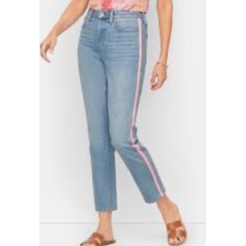 Talbots Modern Ankle Jeans Womens 4 Blue Denim Pink Gingham Side Stripe Slim Leg